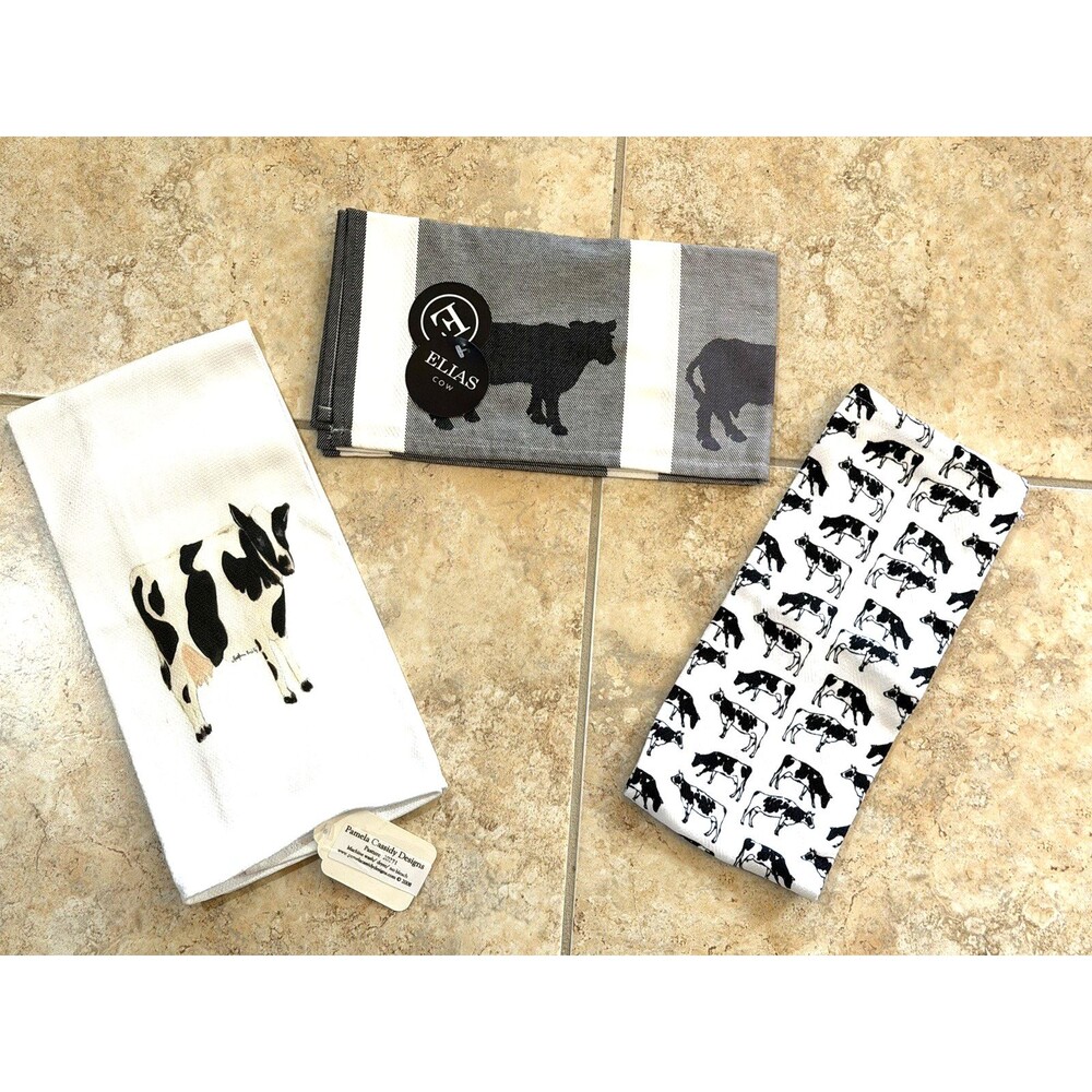 Lot of 3 New Kitchen Towels Cow Theme Pamela Cassidy Pasture Elias Cow Farmhouse